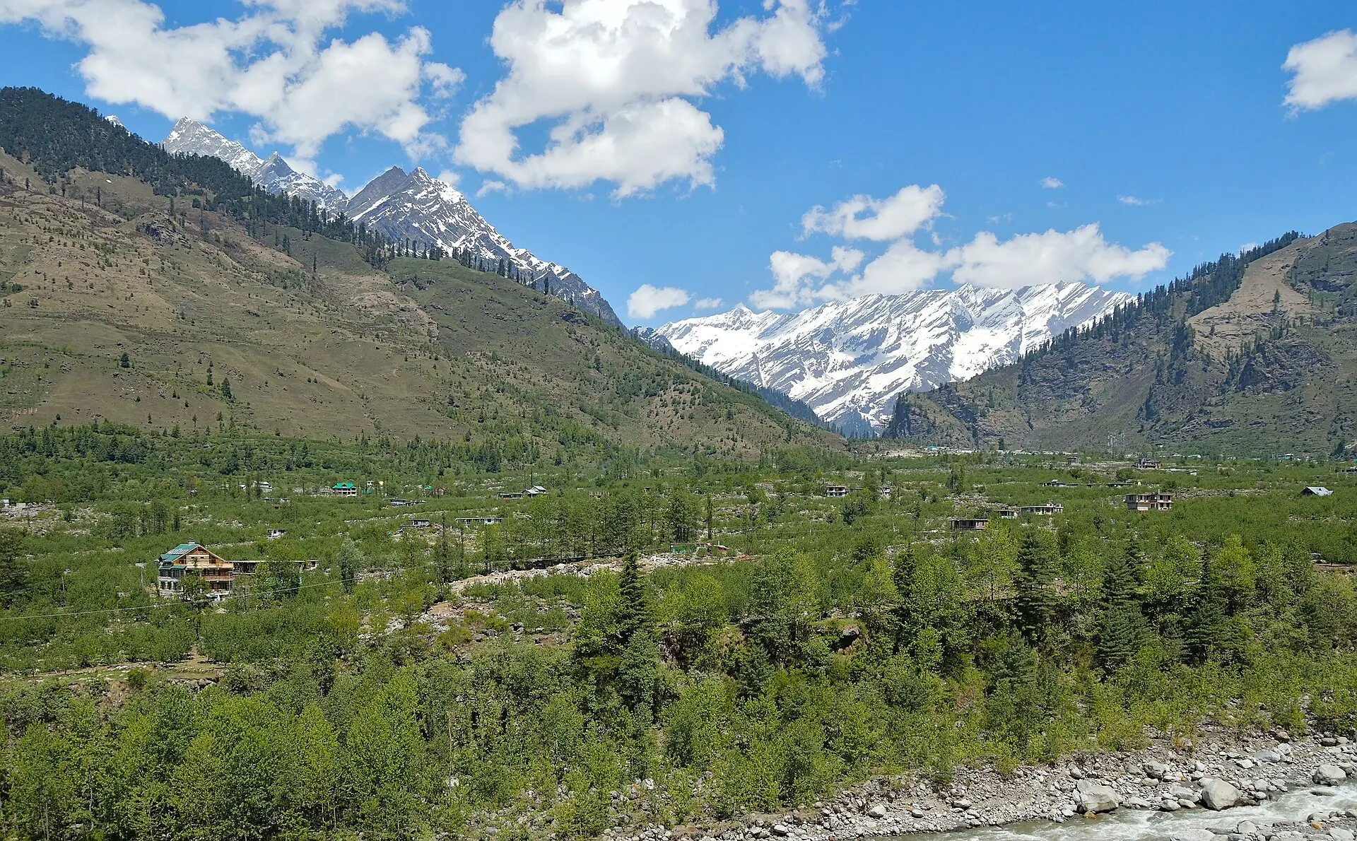 Wide green Beas valley with snow-capped peaks under a blue sky near Manali